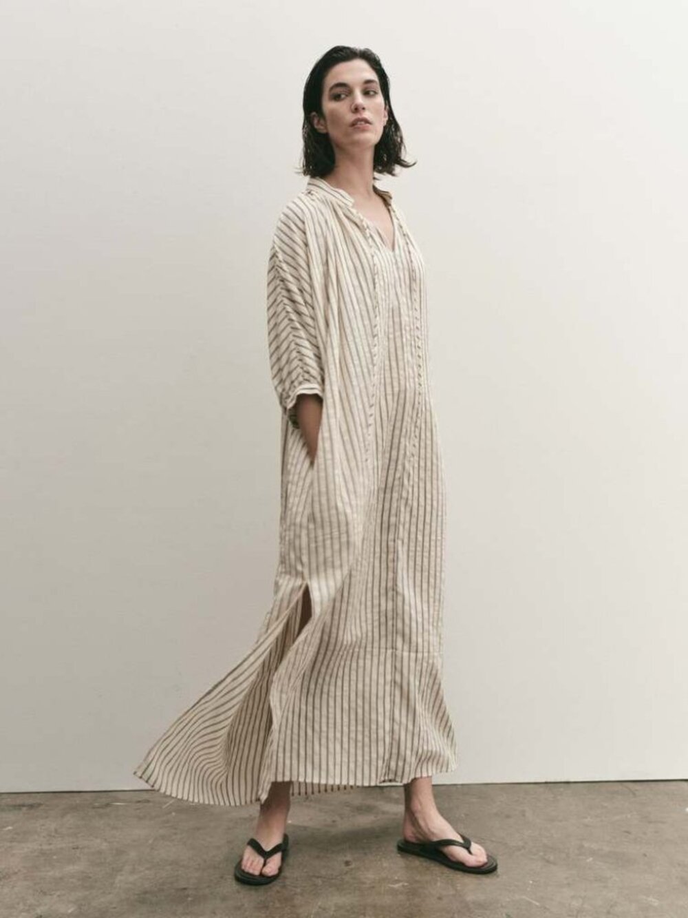MIJEONG PARK STRIPE SHIRRED DRESS - LIGHT BEIGE